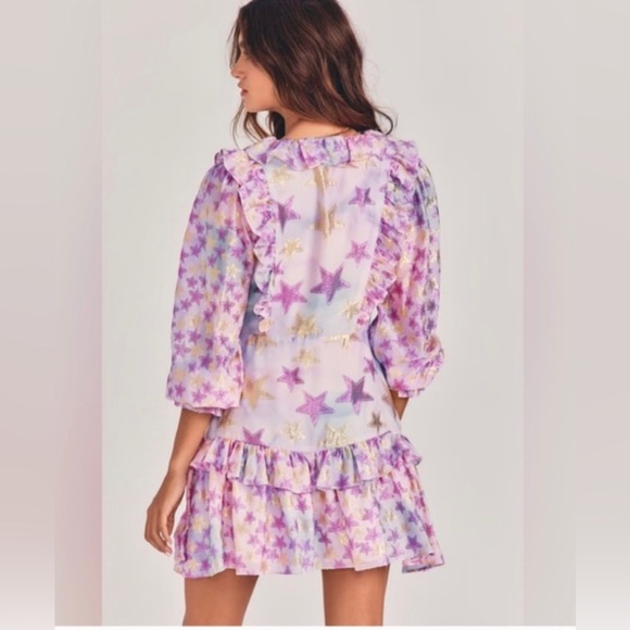 LoveShackFancy - Findlay Long Sleeve Ruffle Wrap Mini Dress Purple Metallic Star - Picture 2 of 12